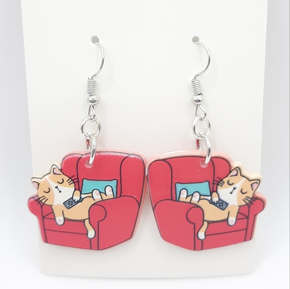 Lounging Kitty Hook Dangle Earrings New